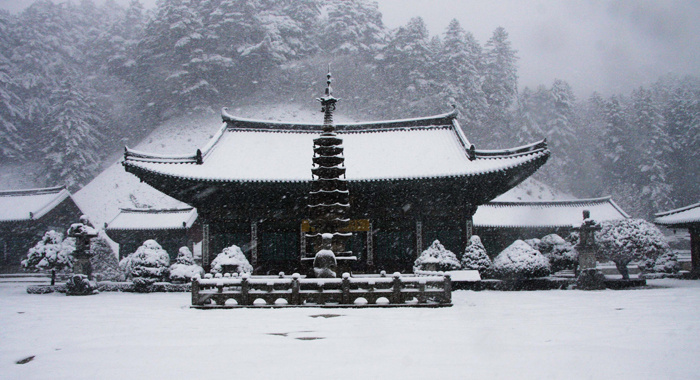 Stone pagoda and main Buddha hall of Woljeongsa Temple Korea